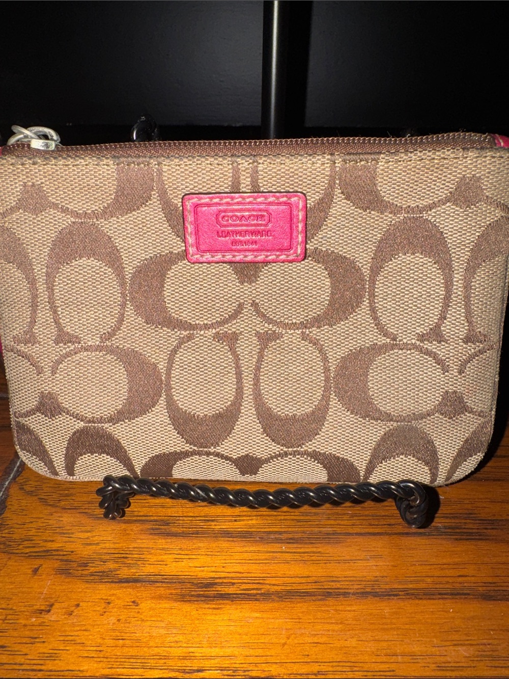 Coach Brown Signature Canvas Wristlet with Pink Logo Patch - Picture 2 of 6